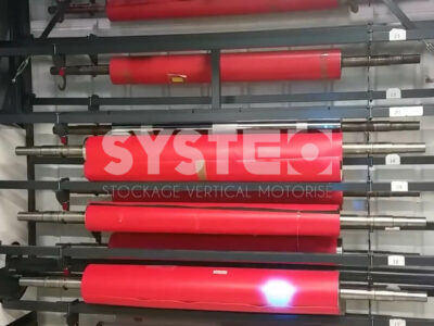Red cylinders in vertical storage system